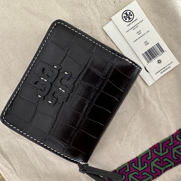 New Tory Burch Thea Embossed Bi Fold Wallet Dark Mahogany Gold Brown - Picture 5 of 6
